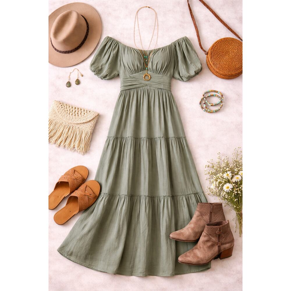 Francesca’s Green Maxi Midi Dress Puff Sleeve Cottagecore Smocked M